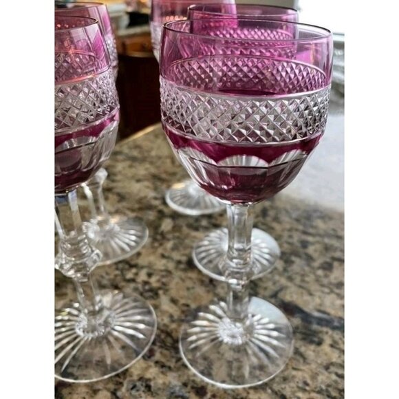 6 ST LOUIS TRIANON AMETHYST PURPLE SIGNED HOCK WINE 7 1/8" TALL CUT CROSS HATCH - Picture 5 of 11